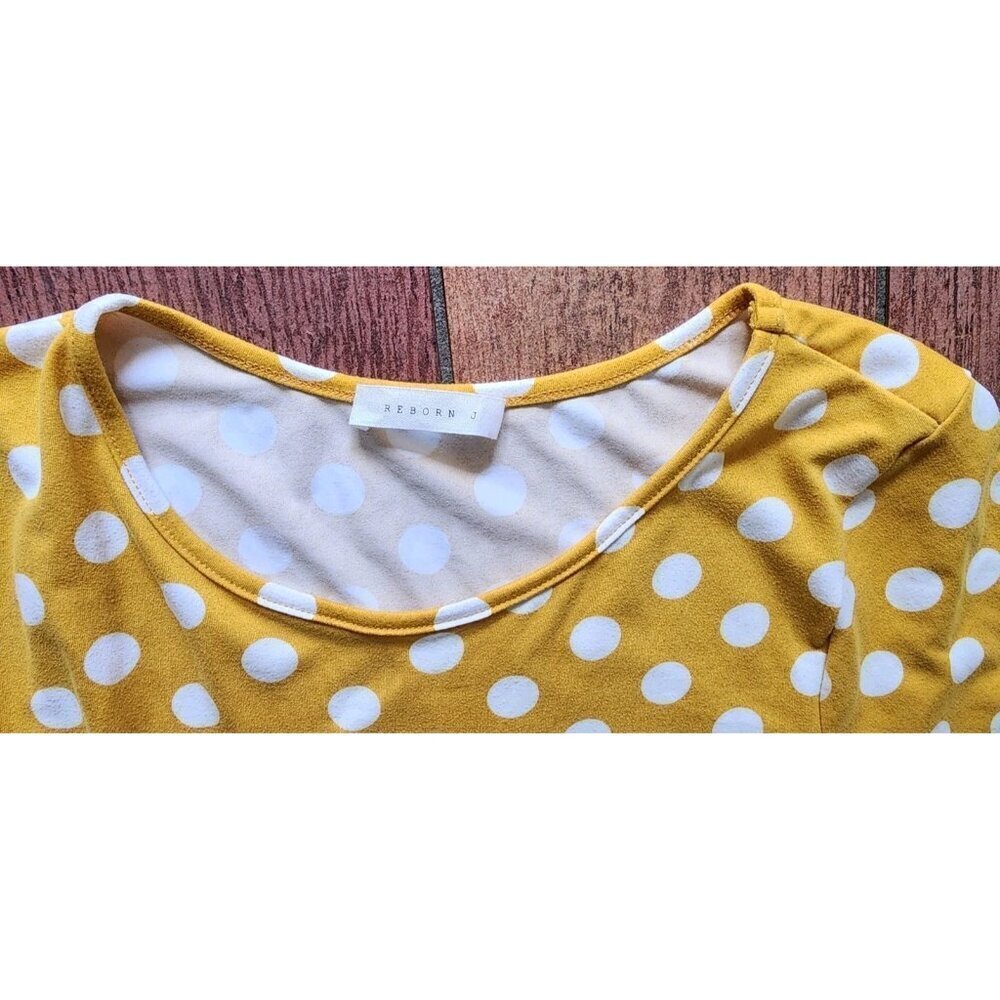 Mustard Yellow Polka Dot Retro Rockabilly Waist Midi Dress Ruffle Fit Flare Soft - Picture 7 of 9
